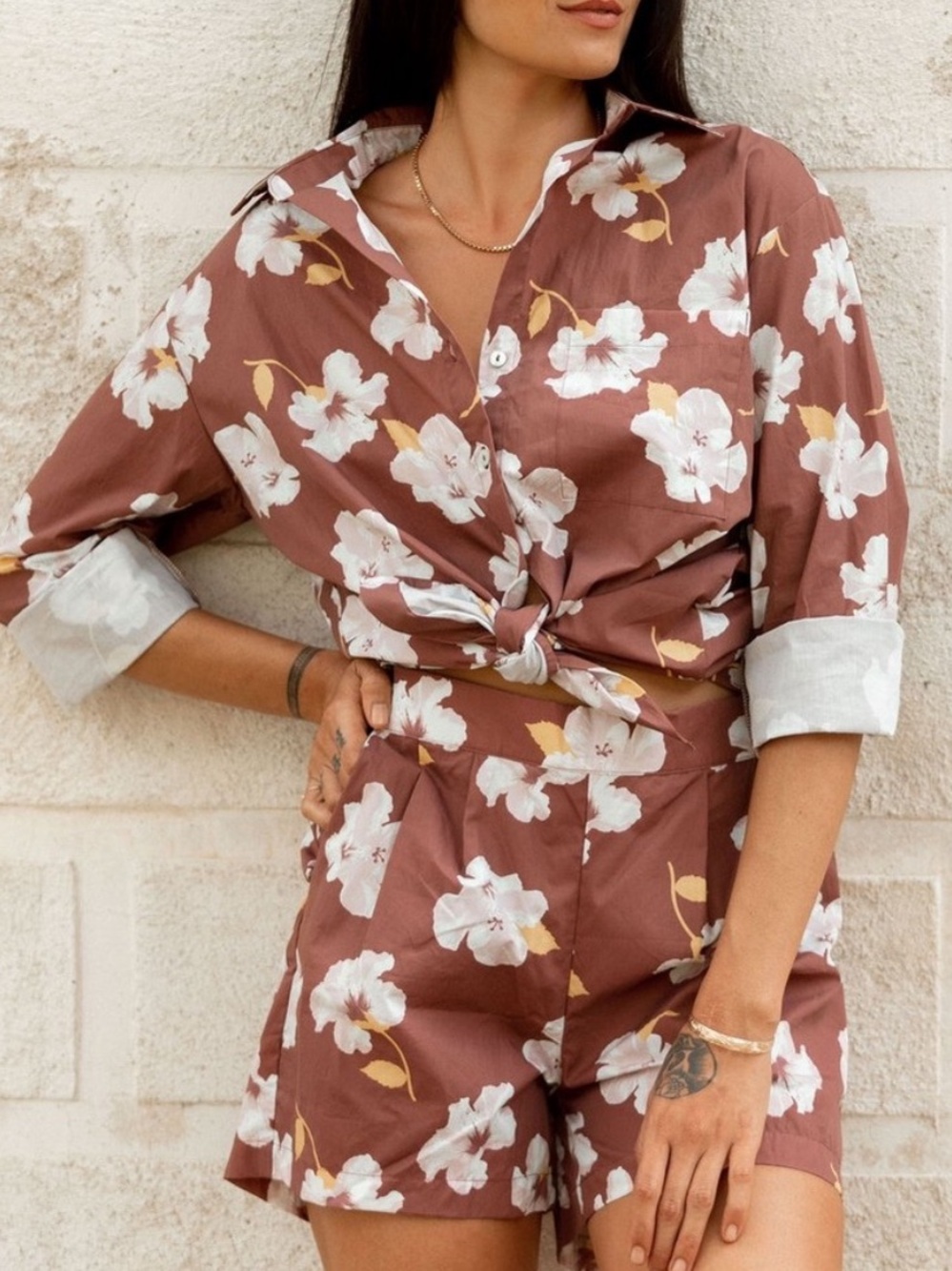 Ava Sky Button Brown in Cayenne Hibiscus